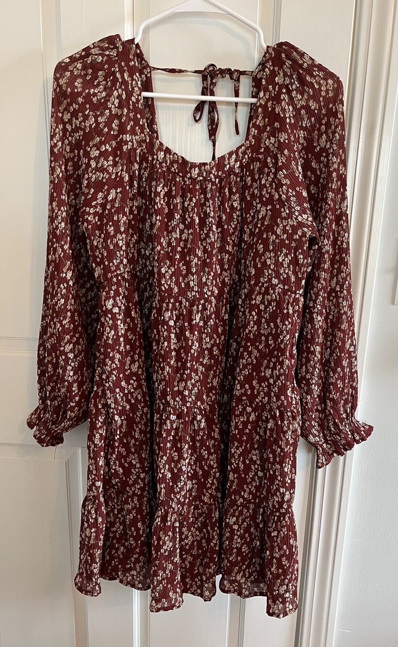 Hayden Dress Womens Small Burgundy Ditsy Floral Long Puff Sleeve Square Neck